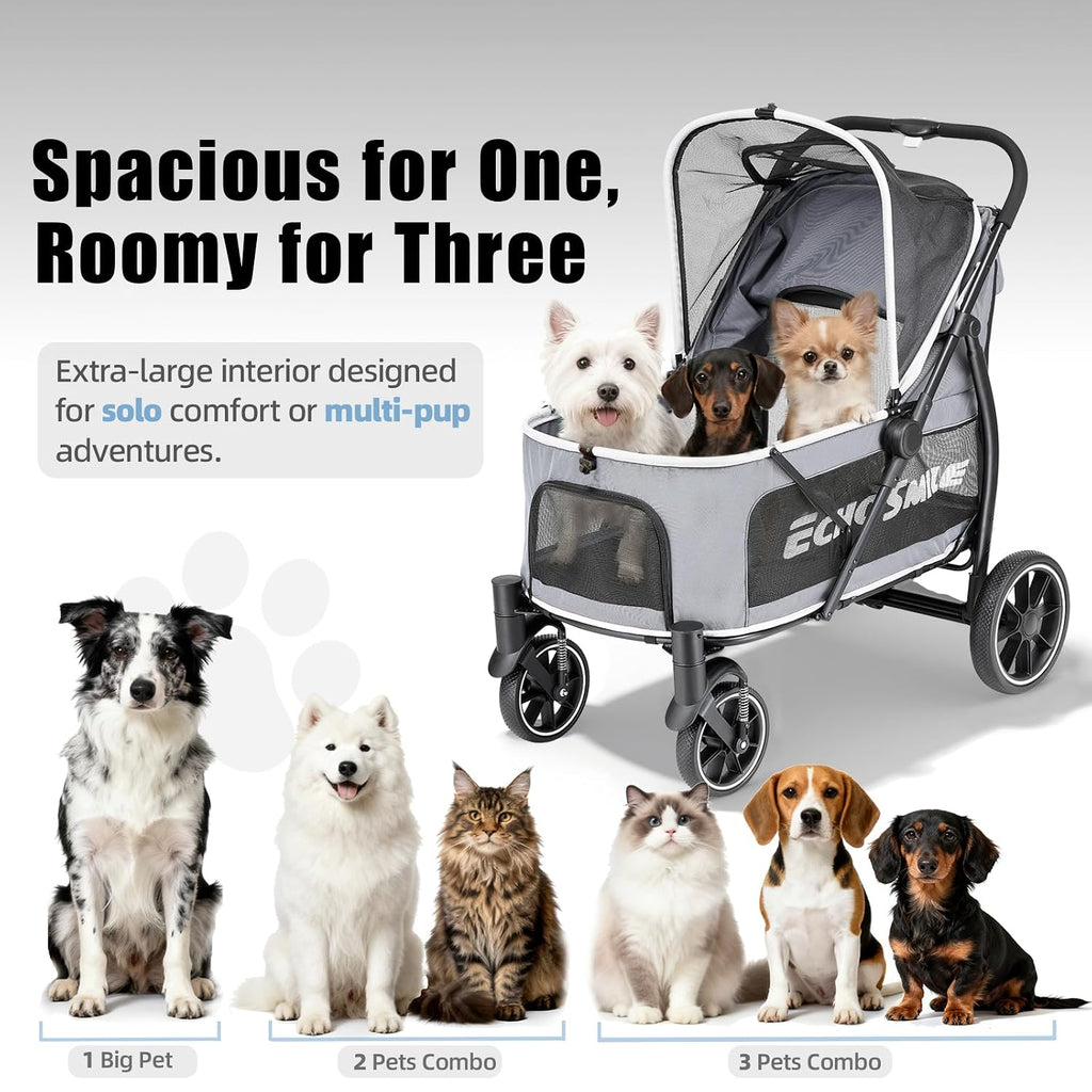 Dog Stroller for Large Dogs, 135lbs Weight Extra Large Pet Stroller, 4 Wheels Cats & Dogs Carrier with Brakes, Breathable Mesh Windows & Pocket, Gray - view 3