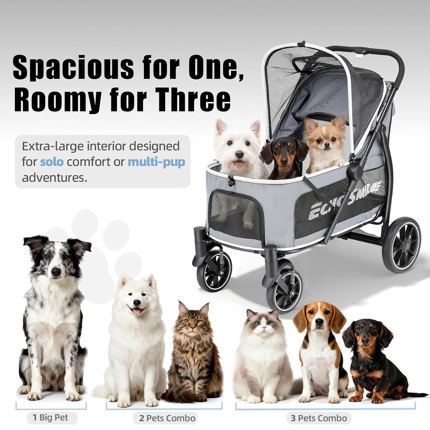 Dog Stroller for Large Dogs, 135lbs Weight Extra Large Pet Stroller, 4 Wheels Cats & Dogs Carrier with Brakes, Breathable Mesh Windows & Pocket, Gray - view 3