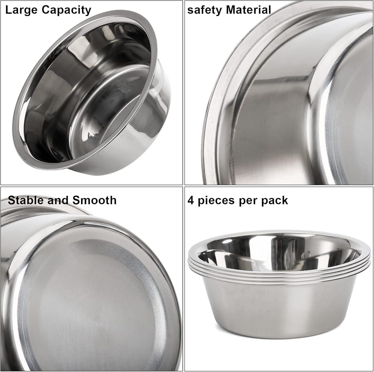 4-Pack Stainless Steel Dog and Cat Bowl, Metal Food and Water Dish, 8.26" Basic Pet Feed Bowl for Large Medium Dog, 47 OZ Replacement Bowls for Elevated Stand, Dishwasher Safe - view 3