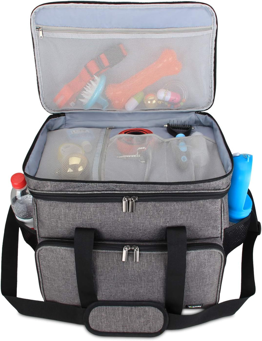 2 Layer Dog Travel Bag, Pet Supplies Weekend Tote Organizer, Gray | Large Dog Bag for Supplies with 2 Silicone Collapsible Bowls, 2 Food Carriers, 1 Water-Resistant Placemat - view 2