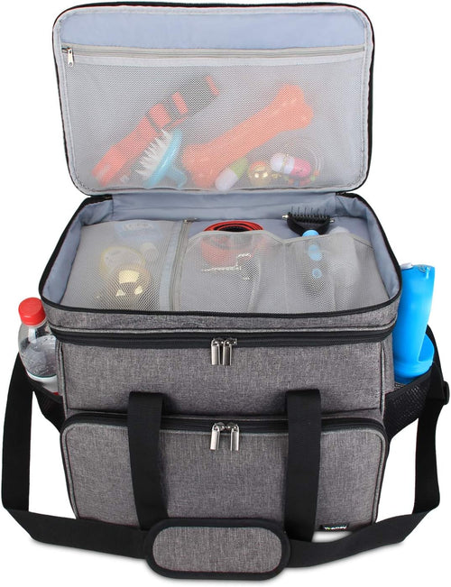 2 Layer Dog Travel Bag, Pet Supplies Weekend Tote Organizer, Gray | Large Dog Bag for Supplies with 2 Silicone Collapsible Bowls, 2 Food Carriers, 1 Water-Resistant Placemat - view 2