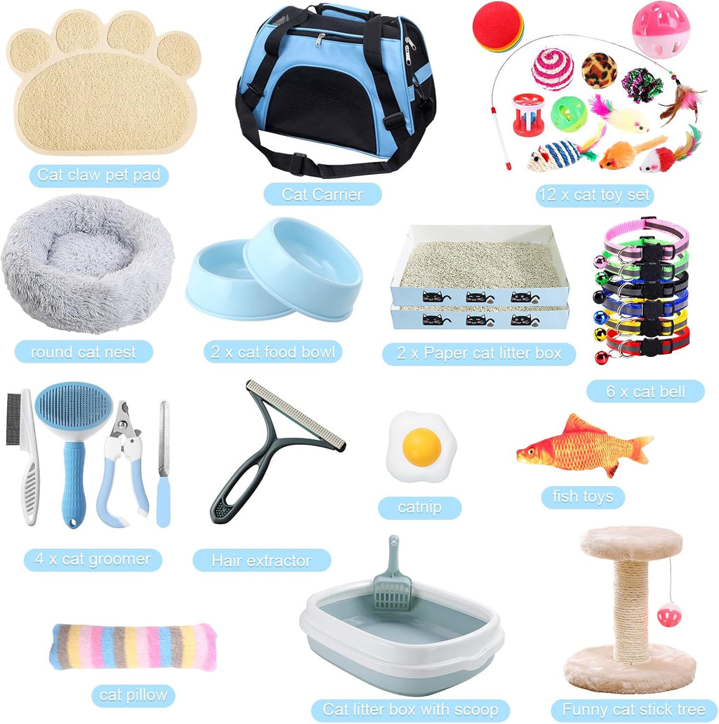 Kitten starter kit, 37 pcs of kitten starter kit for indoor kittens, cat essentials including cat bed, carrier, litter mat, litter box, collar, bowls, cat toys and others (blue) | cat starter kit includes bed, carrier, litter mat, litter box, collar, bow - view 2