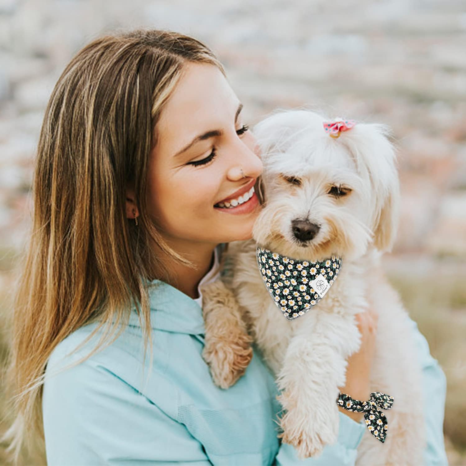 Dog Bandanas & Matching Scrunchie Set Girl Dog Scarf Bibs with Bow Scrunchie for Medium Large Dogs Pet Owner Gifts Flower Black - view 7