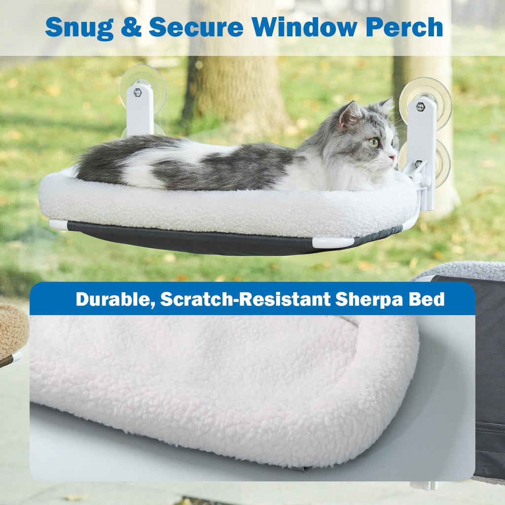 Foldable Cat Hammock for Window - Cordless, Embeded Machine Washable Bed, Robust Metal Frame - Cat Window Perch for Large Cats and Kittens (White Bolster Bed, Medium) - view 6