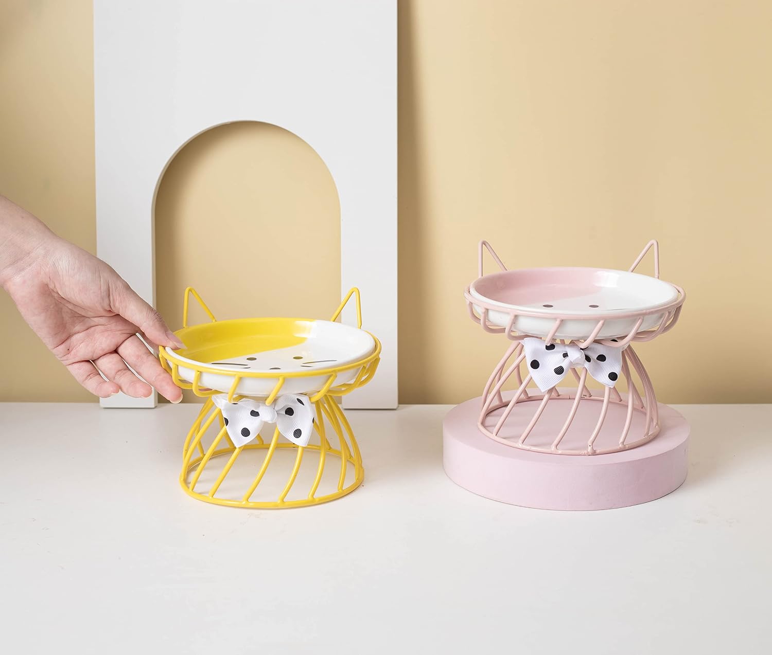 Elevated ceramic cat bowl, detachable design, yellow | detachable bowl elevated design whisker friendly non-slip pads premium ceramic - view 7