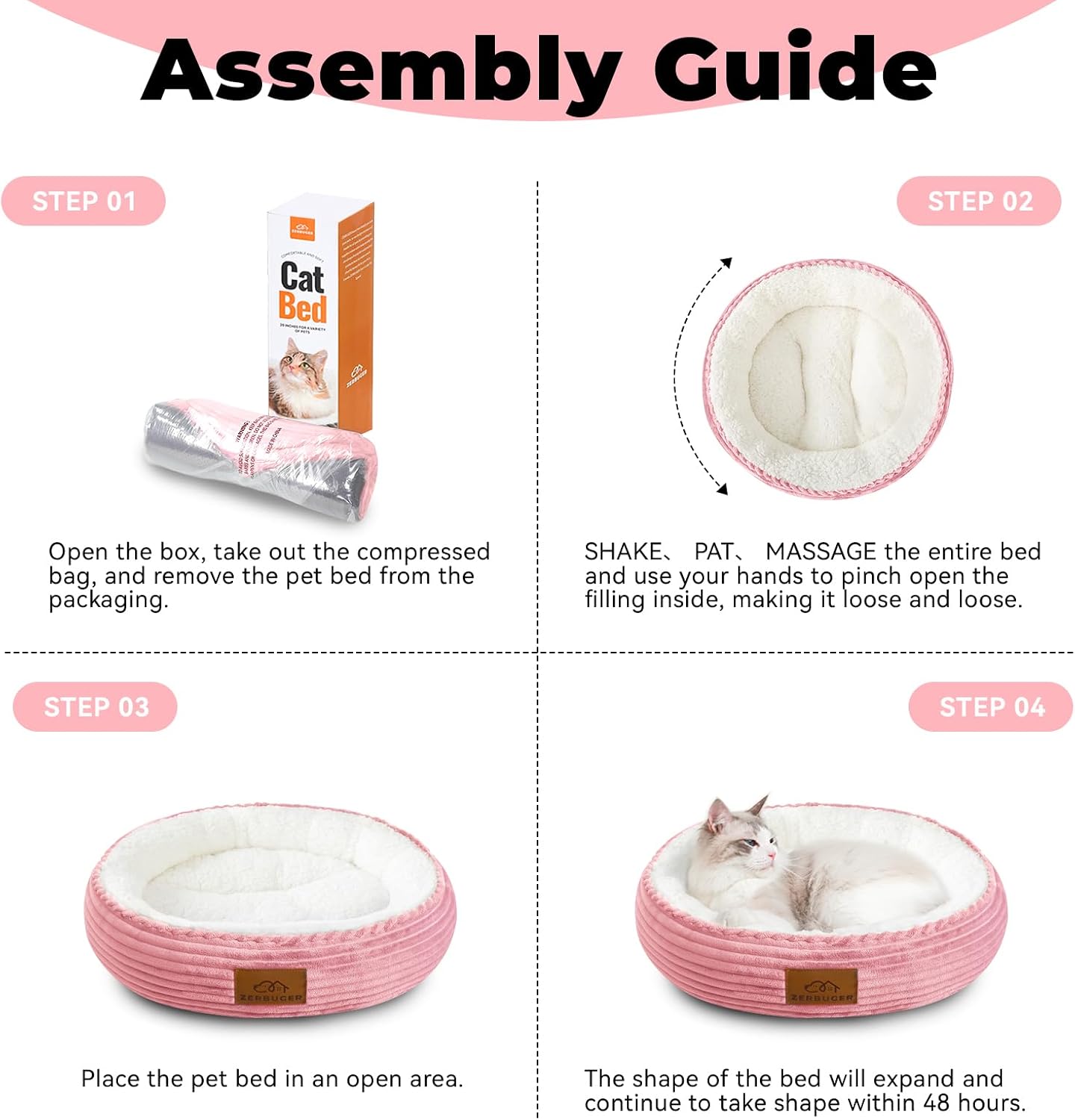 20in Washable Cat Beds for Indoor Cats - Round Donut Pet Bed for Cats, Small Dogs, Puppy, Kitten - Anti-Slip Bottom, Calming Bed Gift - Pink - view 6