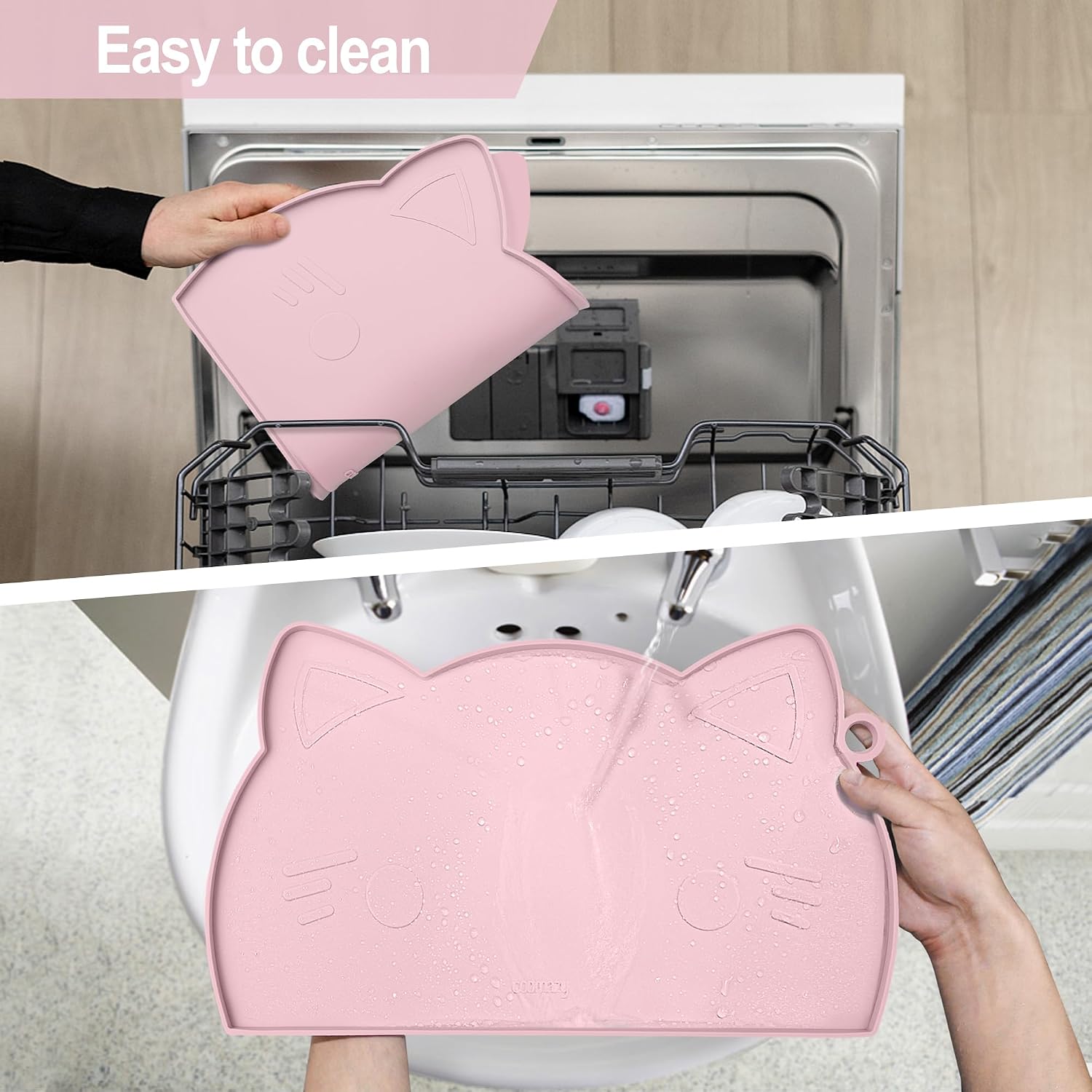 Cat Food & Water Mat Thicker Non-Slip Silicone Mat with Raised Edge | Pink water food bowl mat,Feeding Fountain mat for indoor cats - view 6
