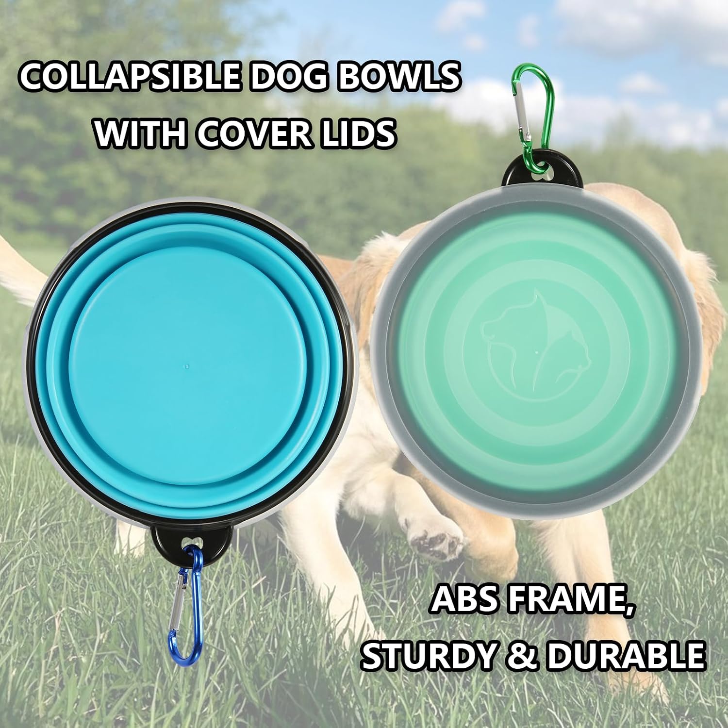 Collapsible Bowl with Cover Lids,2 Pack Dog Travel Bowls Portable Foldable Cat Water Dish Bowl for Pets Walking Parking Camping (Light Blue and Green, Small) - view 5