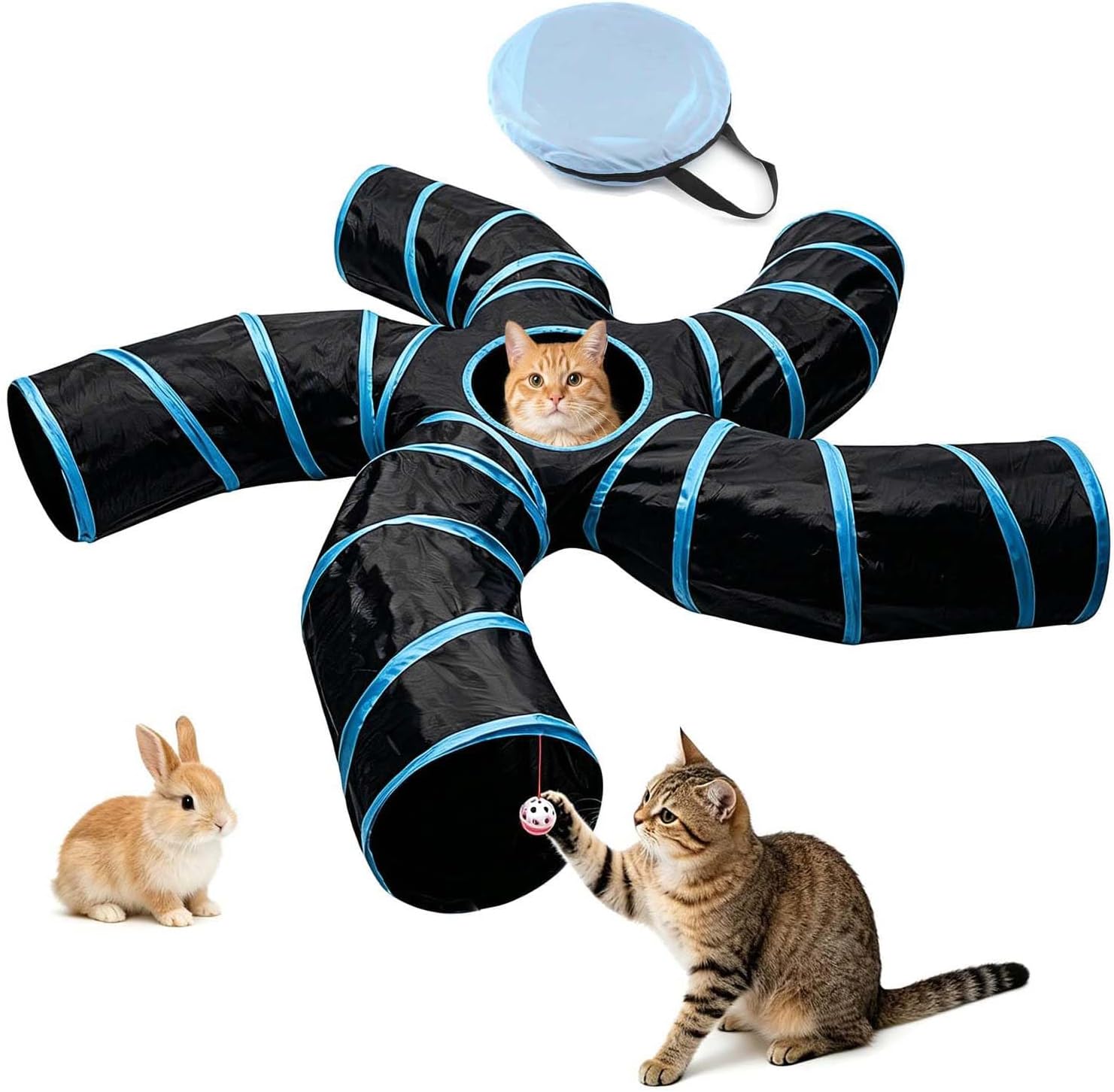 Cat Tunnel for Indoor Cats, 5 Way Cat Tubes and Tunnels Collapsible S-Shape Small Animal Tubes Kitty Tunnels Interactive Maze Cat Toy for Kitten Rabbit Ferret - 5 Way