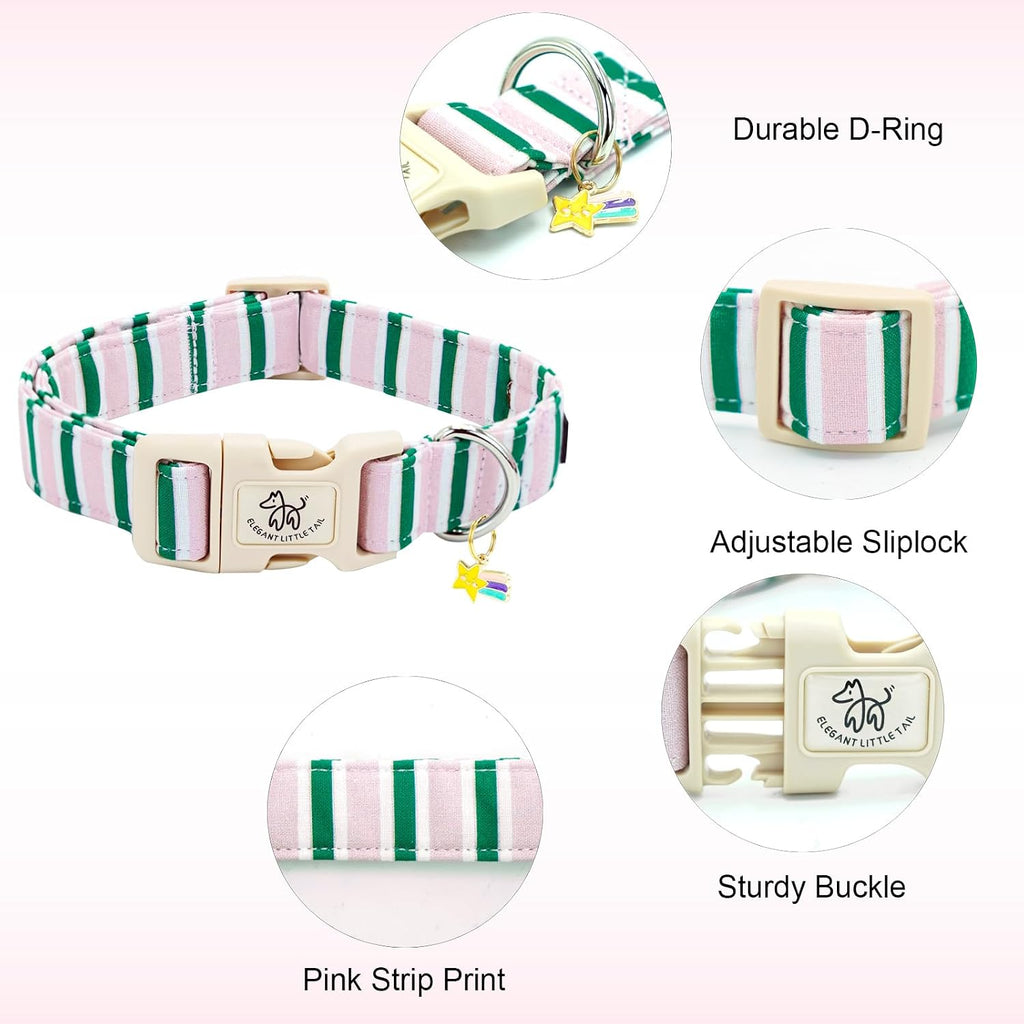 Dog collar, cute pink with green strip pattern pet collars soft girl or boy adjustable cotton puppy collar with quick release buckle for small puppy - view 2