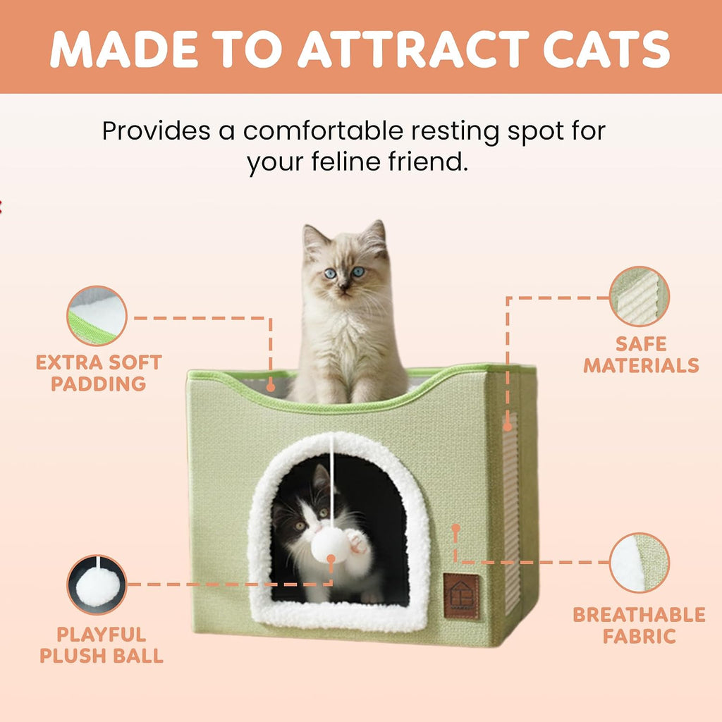 EverBrightly Cat Condo Bed | Foldable Pet Cave with Scratcher Pad, Reversible Cushion & Hanging Toy Ball | Indoor Hideaway, Lounge Perch & Playhouse, Durable Linen with Cozy Sherpa - view 5