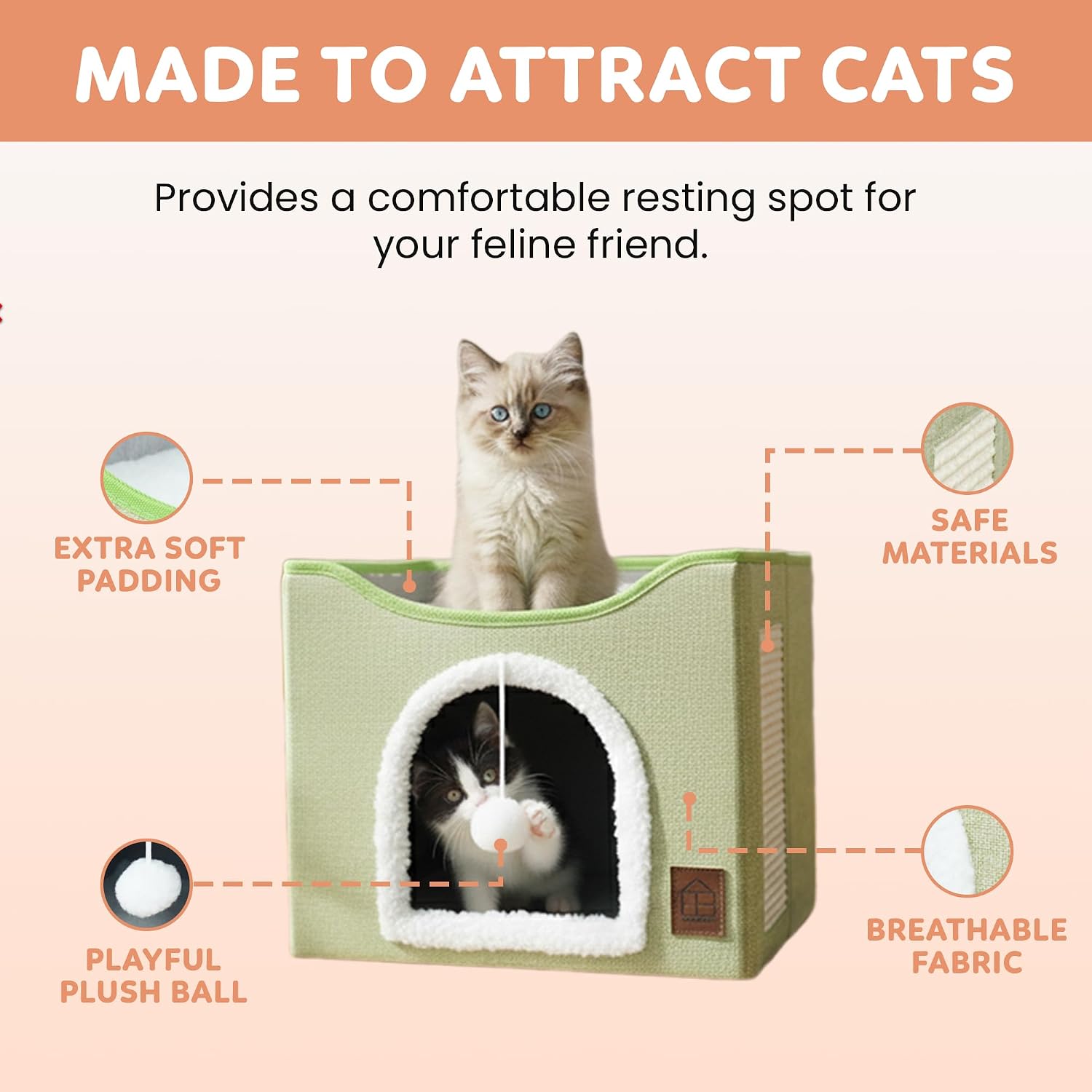 EverBrightly Cat Condo Bed | Foldable Pet Cave with Scratcher Pad, Reversible Cushion & Hanging Toy Ball | Indoor Hideaway, Lounge Perch & Playhouse, Durable Linen with Cozy Sherpa - view 5