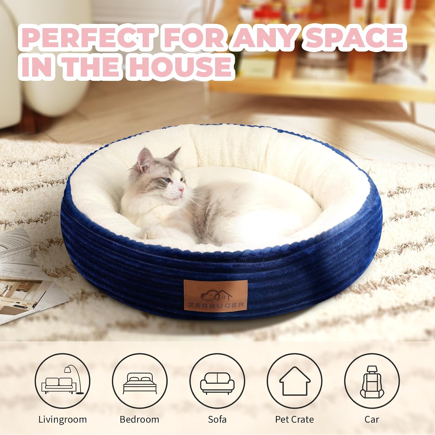 23in Round Cat Dog Bed for Large Medium Small Dogs Cats, Machine Washable Sleeping Sofa, Non-Slip Bottom Breathable Soft Calming Pet Cuddler for Indoor/Outdoor/Car/Cage, Navy Blue - view 6