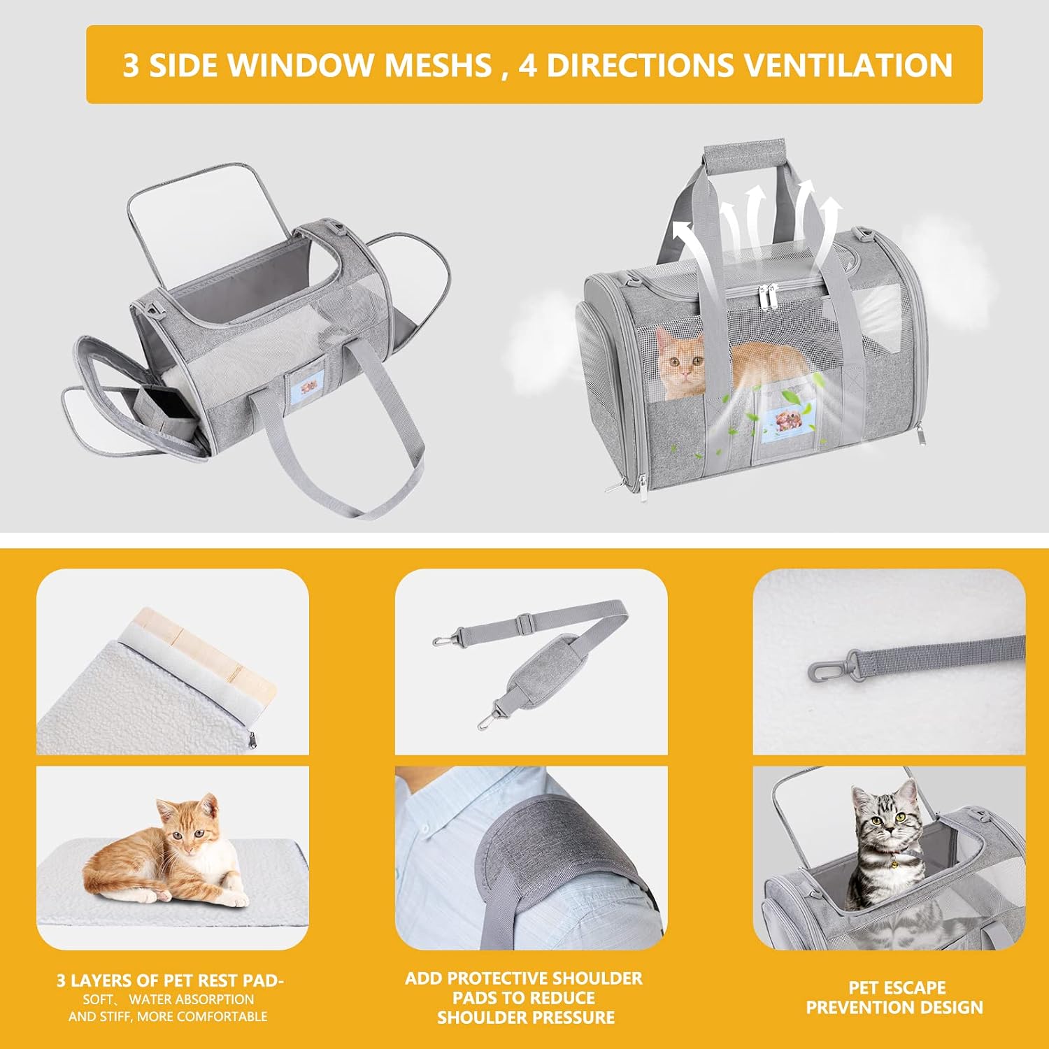 Cat carrier pet dog carrier airline approved for puppy cat carrier under 15 lbs, collapsible soft sided airline approved cat carriers, grey - view 3