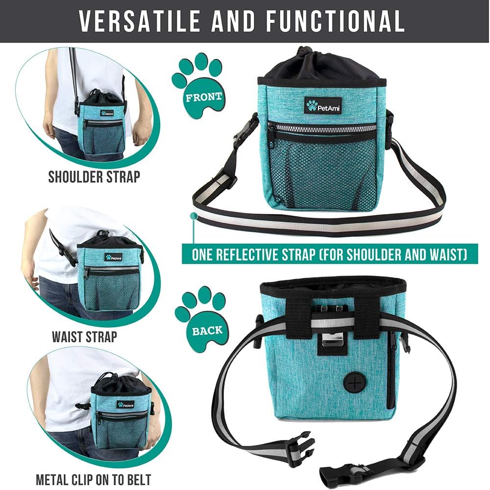 Dog Treat Pouch | Dog Training Pouch Bag with Waist Shoulder Strap, Poop Bag Dispenser | Treat Training Bag for Treats, Kibbles, Pet Toys | 3 Ways to Wear (Turquoise) | No bowl included - view 4