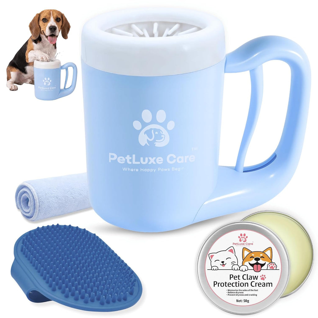 Dog Paw Cleaner, Paw Washer Cup with Soft Silicone Bristles, Portable Dog Foot Washer, 4-in-1 Paw Cleaner Kit with Paw Balm, Microfiber Towel & Grooming Brush (Blue, Medium)