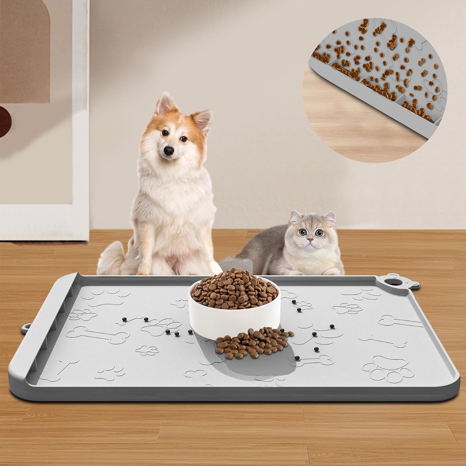 Silicone Dog Food and Water Mat - Pet Feeding Mats with Waterproof Design, Raised Edges and Hooks, Placemats for Cats and Dogs - view 8