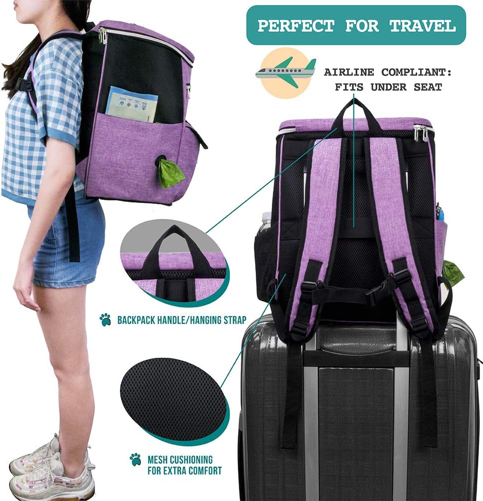 Dog Travel Backpack 27L Airline Approved Pet Supplies Bag, Purple | Cat Traveling Suitcase Organizer for Weekend Road Trip Camping; 2 Food Containers, 2 Collapsible Bowls & Poop Bag Dispenser - view 5