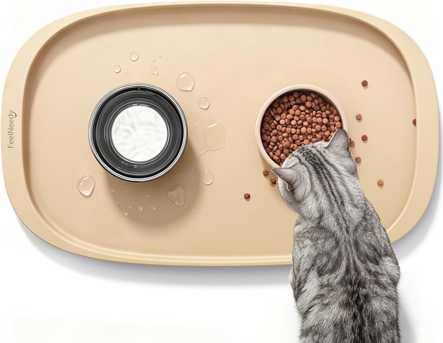 Silicone Cat & Dog Food Mat Waterproof, High Raised Edges for Leakage Protection, Dog Mat for Food and Water, Non-Slip Drip Tray, Easy Clean 18 * 12 * 0.5 inches Feeding Pad (Small, Beige)