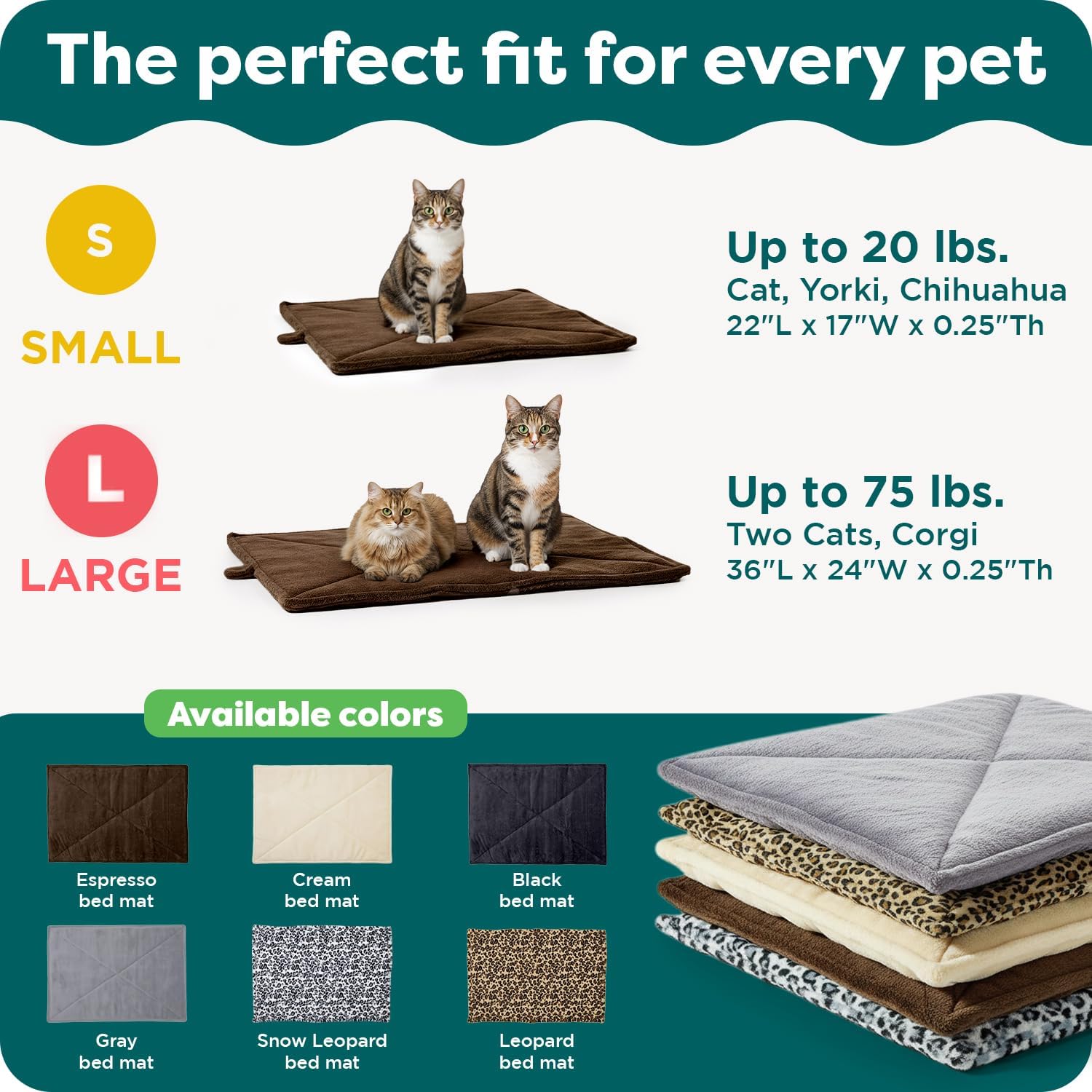 Self-warming cat bed for indoor cats & small dogs, washable & reflects body heat - quilted faux fur reflective bed mat - leopard, small - view 6