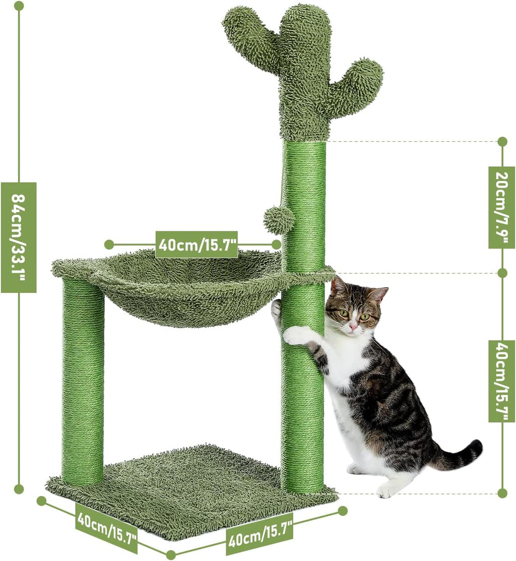 Cactus cat scratching post, 33" cat tree with hammock & scratch | tall cactus scratcher with large 15.7" dia hammock, dangling ball & durable sisal posts for indoor & large cats - view 3