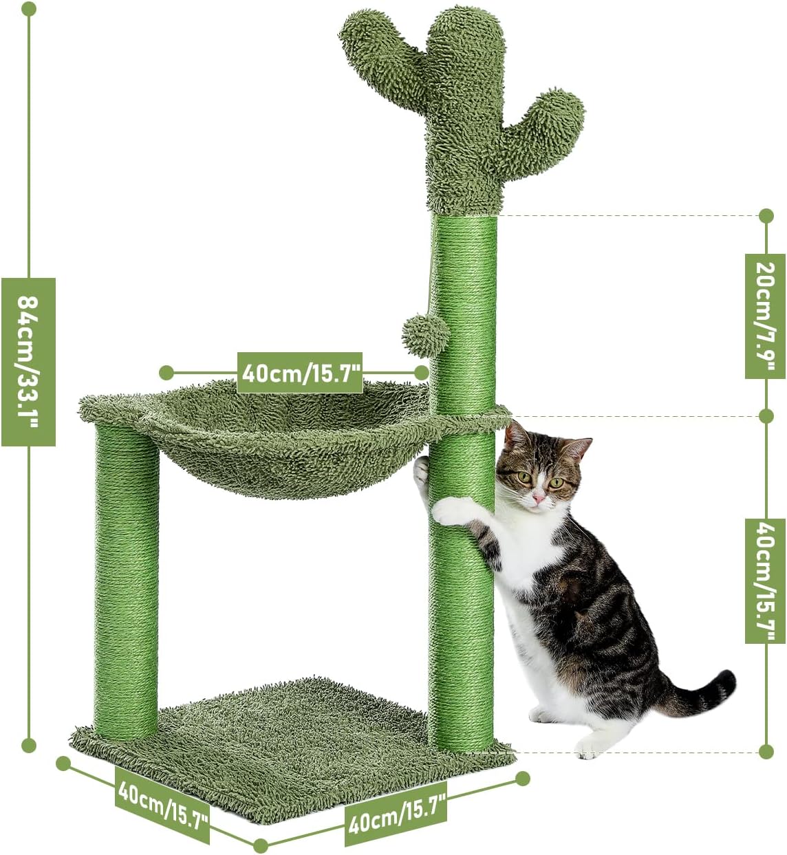 Cactus cat scratching post, 33" cat tree with hammock & scratch | tall cactus scratcher with large 15.7" dia hammock, dangling ball & durable sisal posts for indoor & large cats - view 3