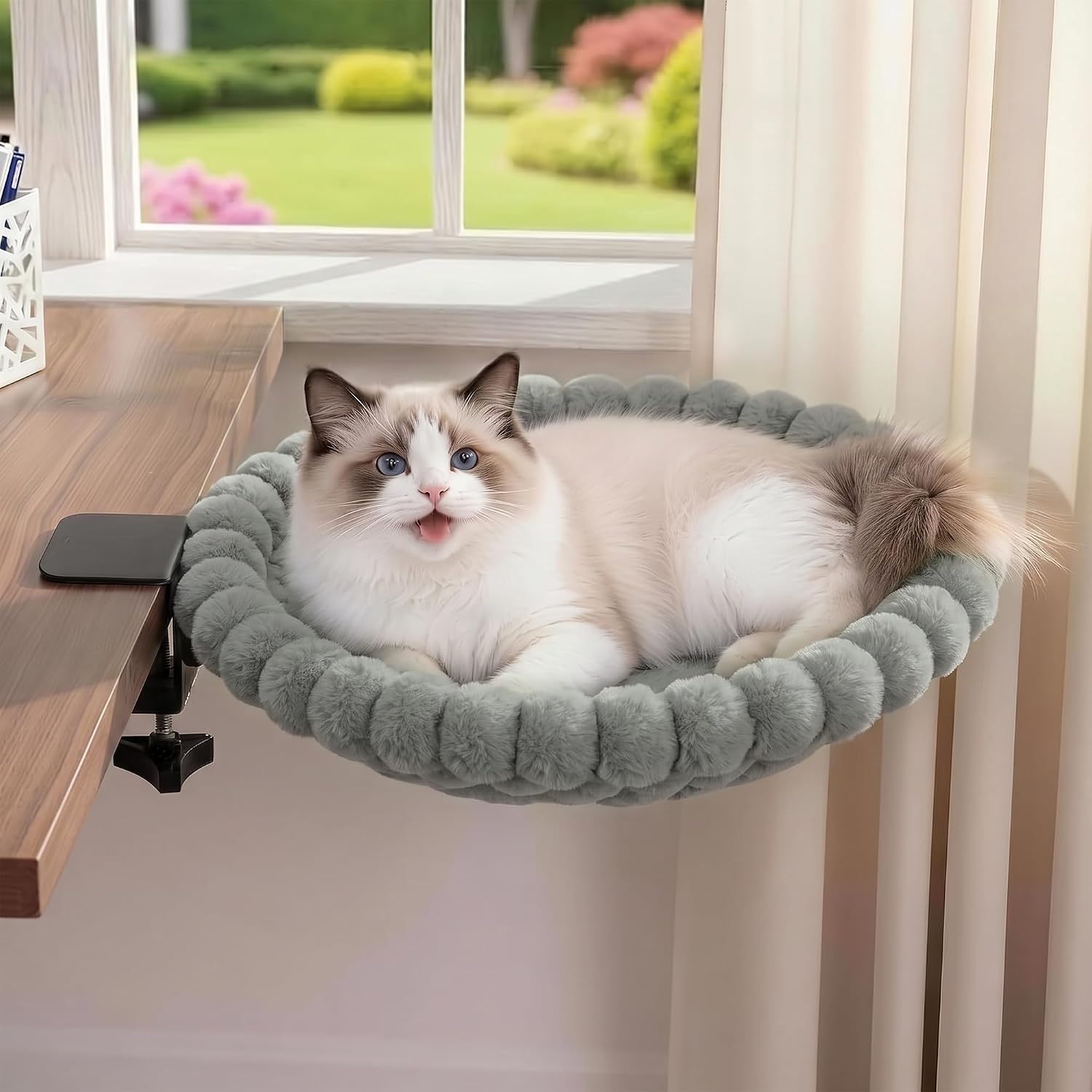 Desk Cat Bed with 2 Washable Covers (Gray & White Set), Space Saving Clamp-On Cat Perch Hammock for Desk Side, Heavy Duty Metal Frame Cat Lounge Seat for Indoor Cats, Fits Most Desks - view 8
