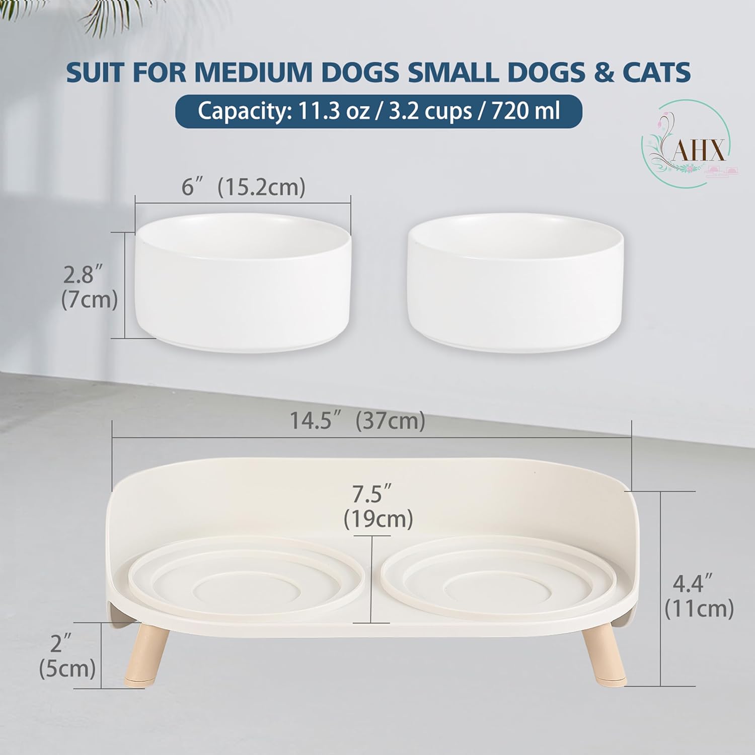 Elevated ceramic dog bowl set - double dog feeding bowls with stand splash proof - raised dishes for food and water - ideal for small to medium dogs - 2 x 720 ml - 11.3 oz - white - view 2