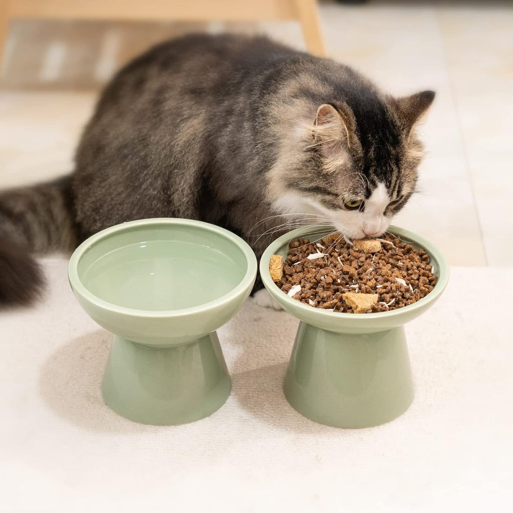 2-Pack Elevated Ceramic Cat Bowls Extra Wide for Food & Water | Anti Vomiting, Whisker Friendly, Shallow Food Dish and Deep Water Bowl, Lead&Cadmium-Free, Raised Height for Cats, Sage Green - view 7