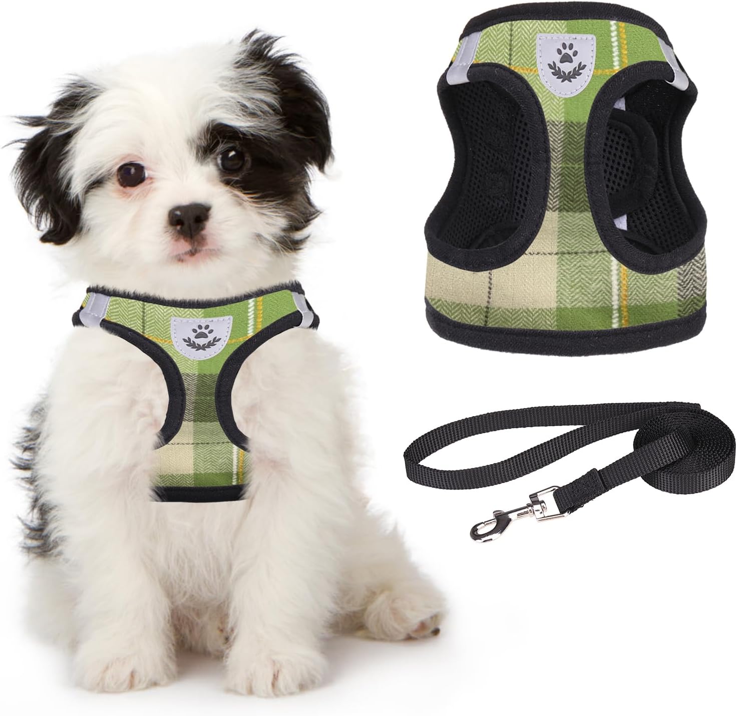 Small Dog Harness and Lead Set, Soft Mesh Plaid Puppy Harness with Safety Buckle, Adjustable & Comfortable Padded Reflective Vest for Puppies and Small Breeds Dogs Walking,Pink,X-Small - view 3