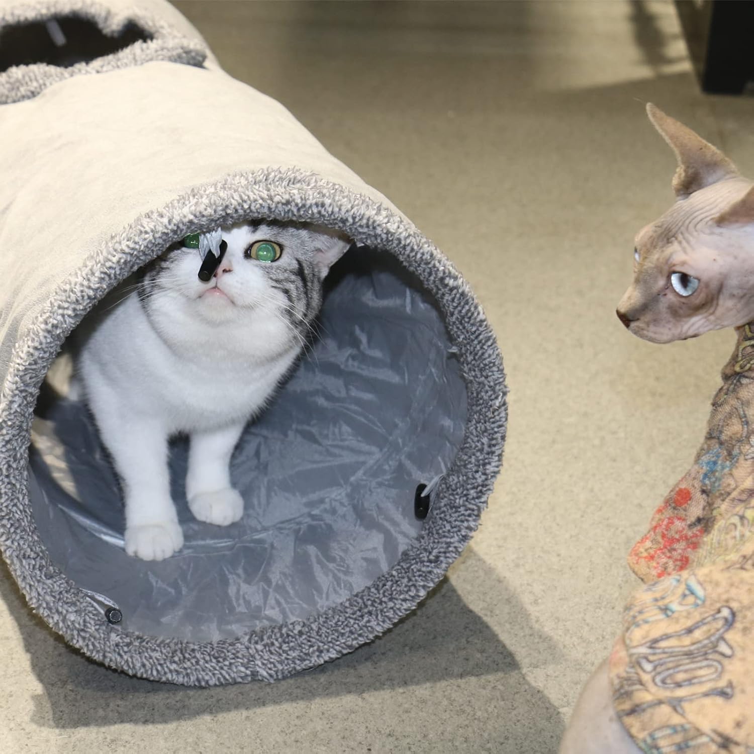 Cat tunnel for indoor cats, 51×12 inch foldable big cat tunnel, grey suede pet tunnels with two peepholes and a bubble ball - view 5