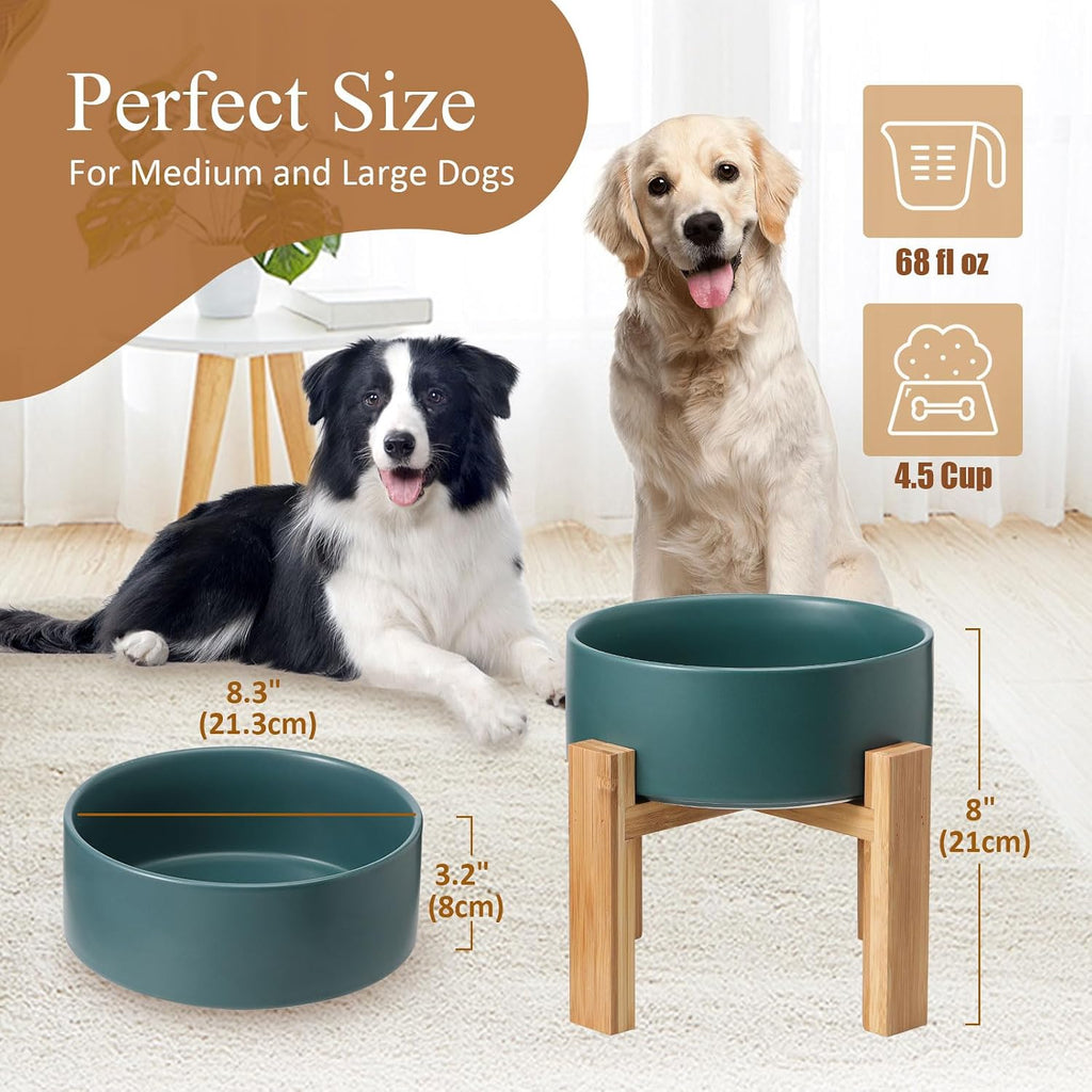 Raised ceramic large dog bowl - heavy weighted dog dish with bamboo stand - elevated for comfortable feeding - 8.3" W x 8" H - 4.5 cups (68 fl oz) - green - view 2