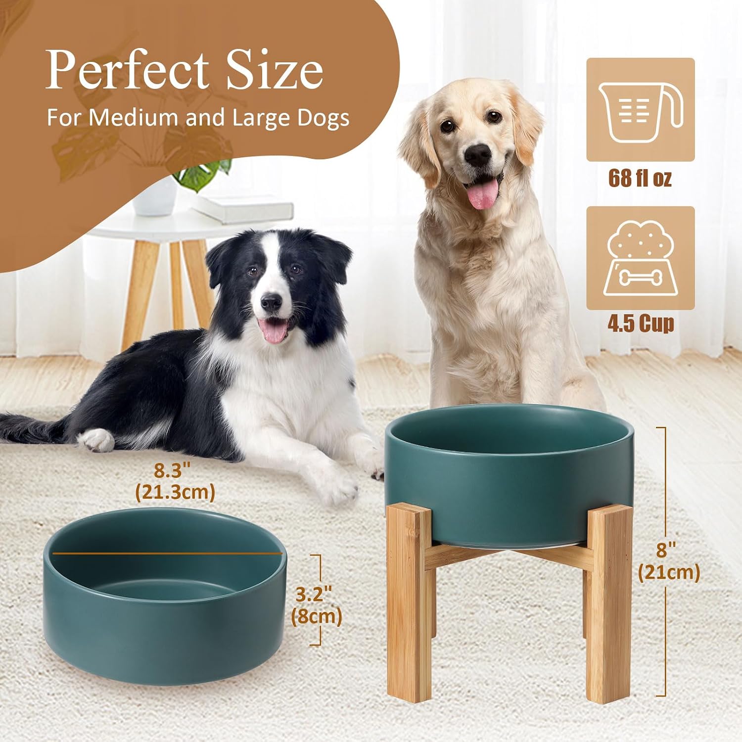 Raised ceramic large dog bowl - heavy weighted dog dish with bamboo stand - elevated for comfortable feeding - 8.3" W x 8" H - 4.5 cups (68 fl oz) - green - view 2