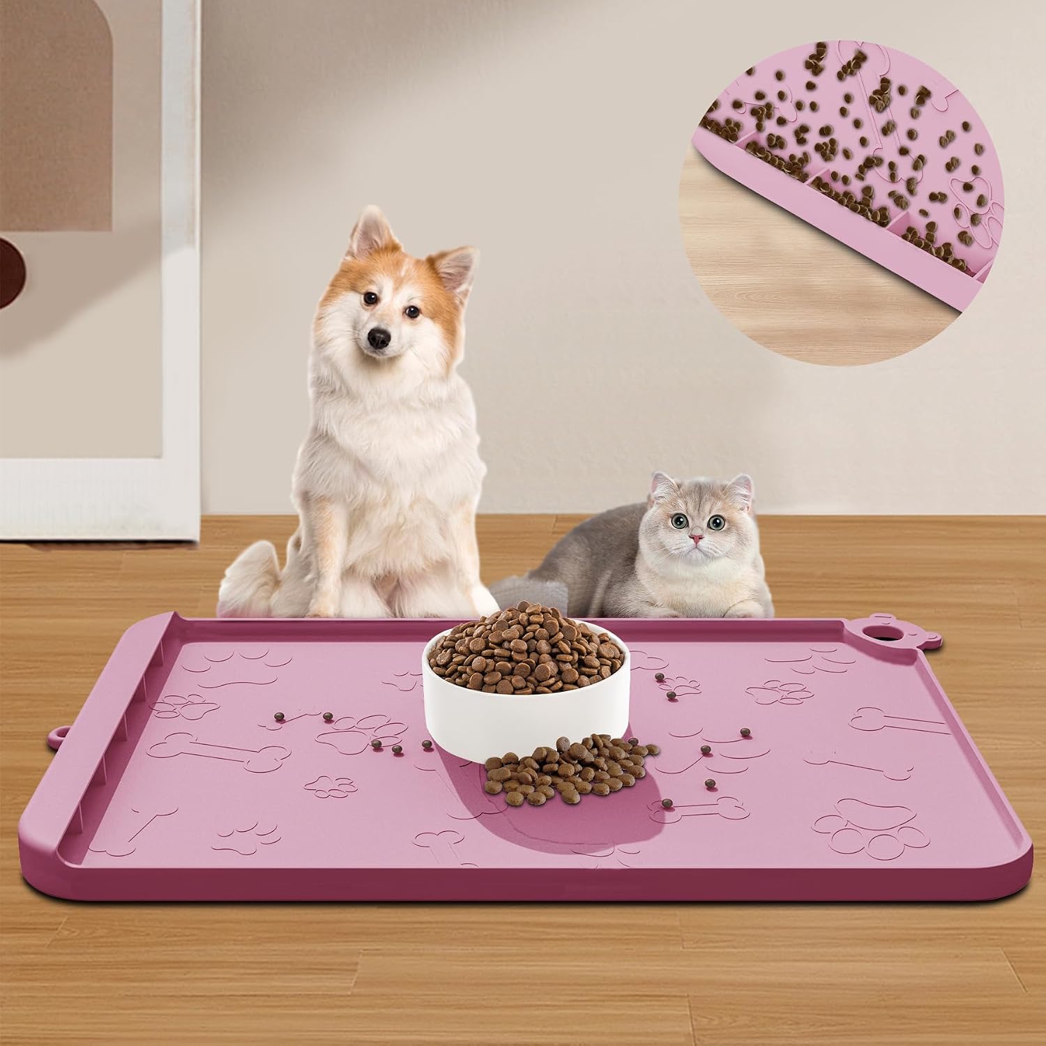 Silicone Dog Food and Water Mat - Pet Feeding Mats with Waterproof Design, Raised Edges and Hooks, Placemats for Cats and Dogs - view 7