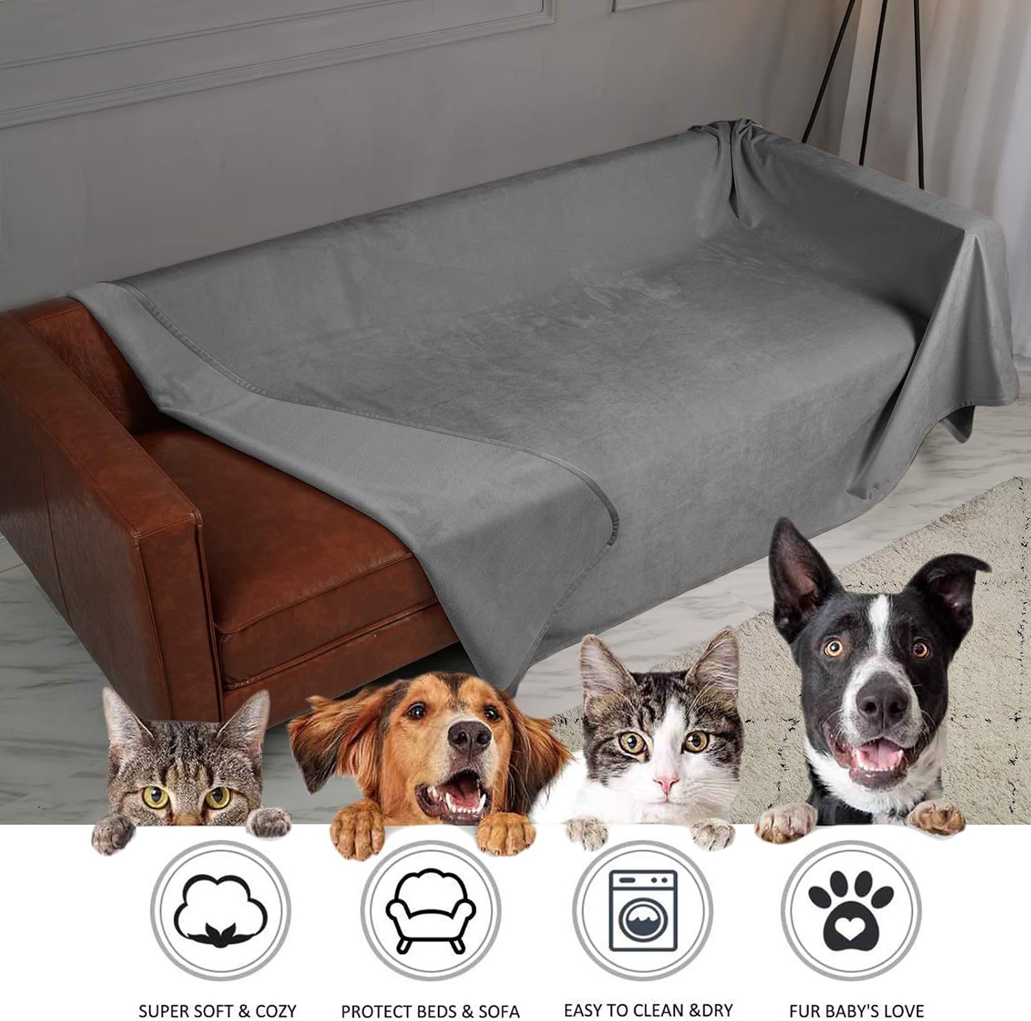 Pet Bed Blanket Reversible 100% Waterproof Velvet Super Soft for Sofa and Bed (40x60 Inches, Light Grey+Grey) - view 4
