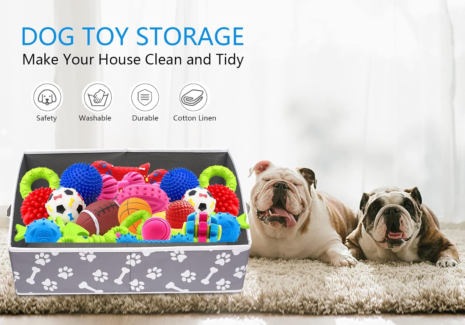 Linen-cotton blend dog toy basket and dog toy box, dog toy basket storage - Perfect for organizing pet toys, blankets, leashes, chew toys - Bone Paw - view 2