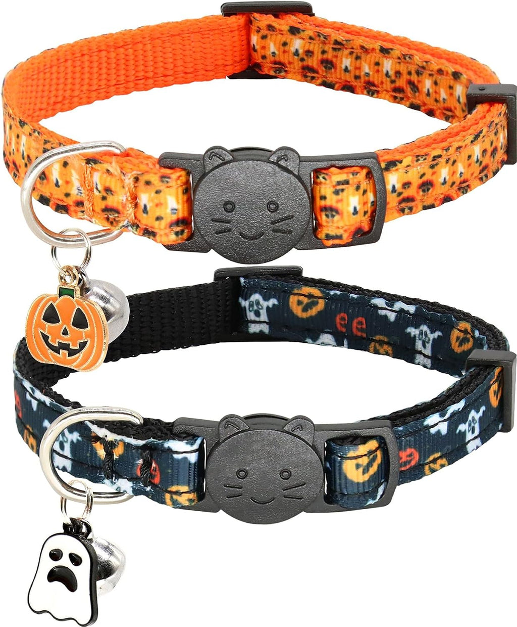 Halloween cat collar, 2 pack breakaway cat collar with bells, pumpkin and ghost charm, Halloween orange+black