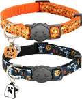 Halloween cat collar, 2 pack breakaway cat collar with bells, pumpkin and ghost charm, Halloween orange+black