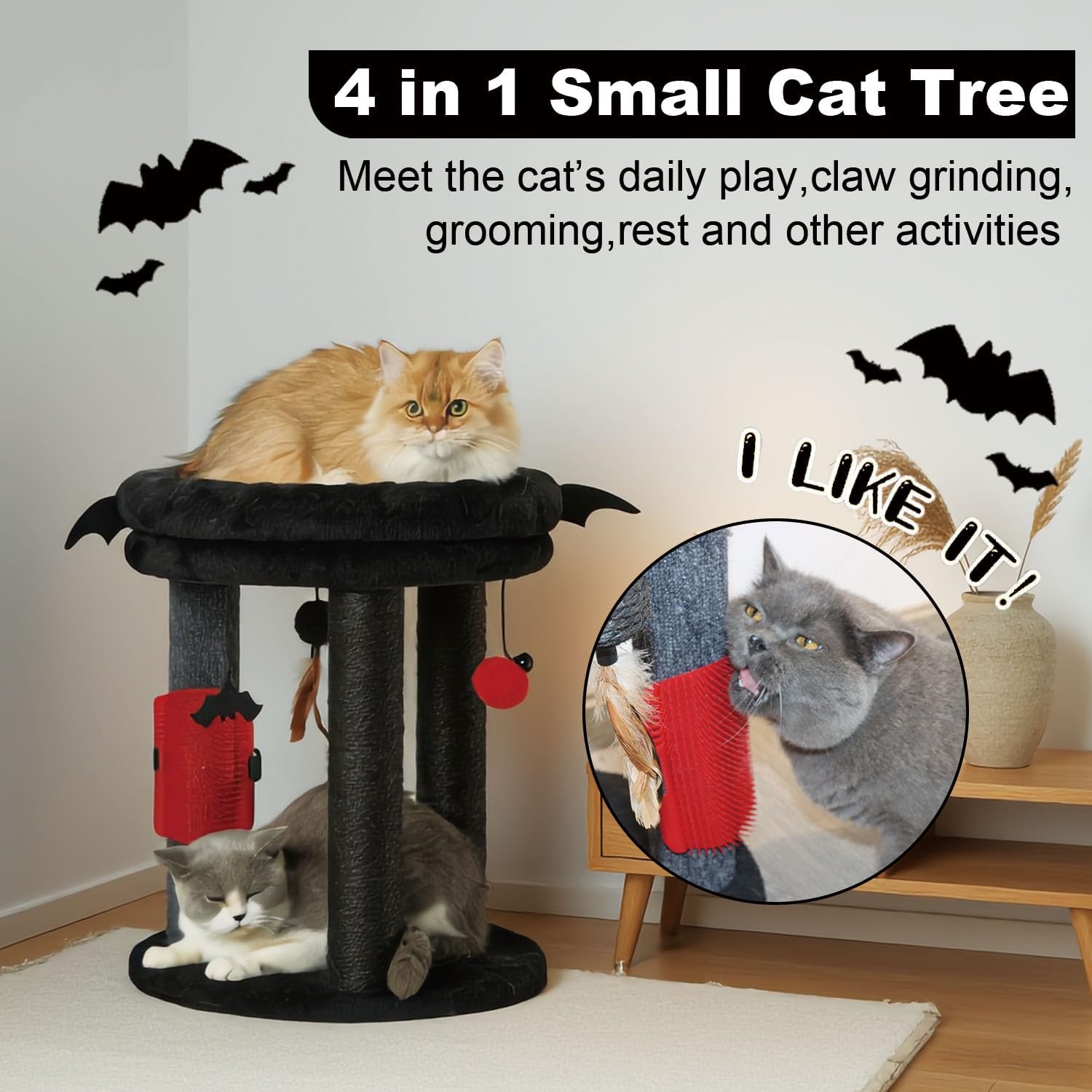 4in1 Small Cat Tree,Scratching Post with Tower Soft Bed, Sisal Carpet Jute Posts with Three Hanging Ball Toys and Massage Brush for Indoor Cats and Kittens - view 2