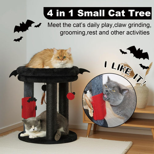 4in1 Small Cat Tree,Scratching Post with Tower Soft Bed, Sisal Carpet Jute Posts with Three Hanging Ball Toys and Massage Brush for Indoor Cats and Kittens - view 2