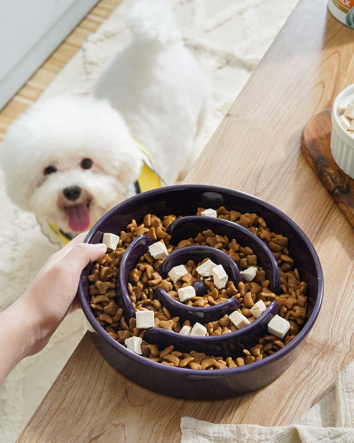 Dog Bowls Slow Feeder Ceramic, 1.5 Cup Slow Feeding Bowl for Small and Medium Breed, Puzzle Dog Food Bowl for Fast Eater, Maze Purple - view 2