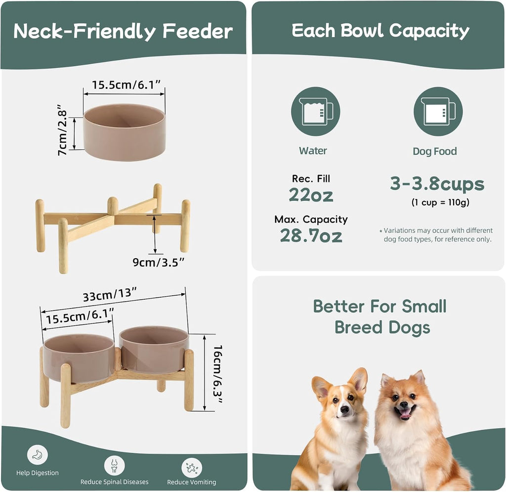 Elevated Dog Bowls Ceramic Dog Bowls with Stand, Dog Food Bowl | 6.1” Raised Dog Bowls with Non-Slip Wood Stand, Dog Food and Water Bowl Set, Double Dog Feeding Bowls for Small & Medium Dogs - view 2