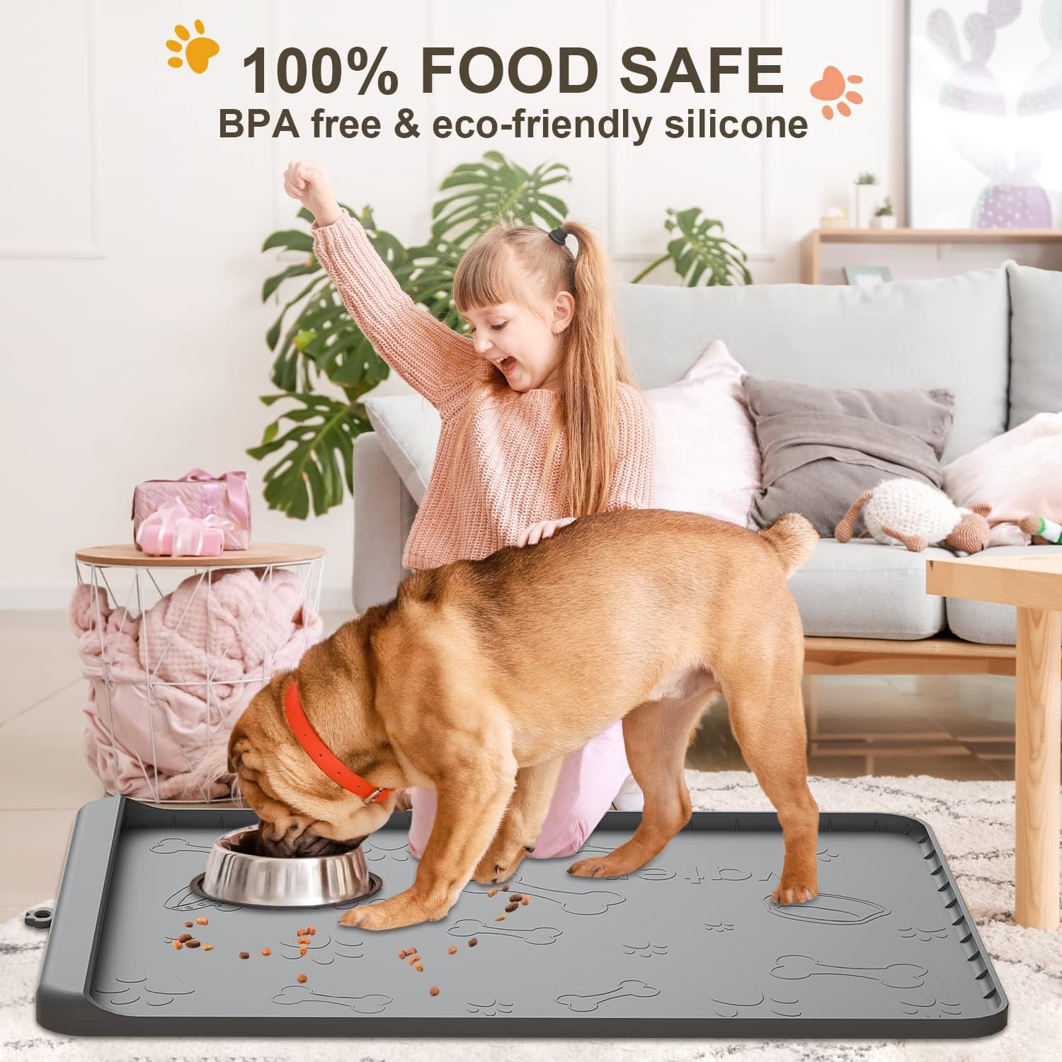 Dog food mat 36"x24" - silicone dog mat for food and water large pet feeding mats with residue collection pocket - waterproof dog cat bowl mat with high edges to prevent water food spills (gray) - view 7