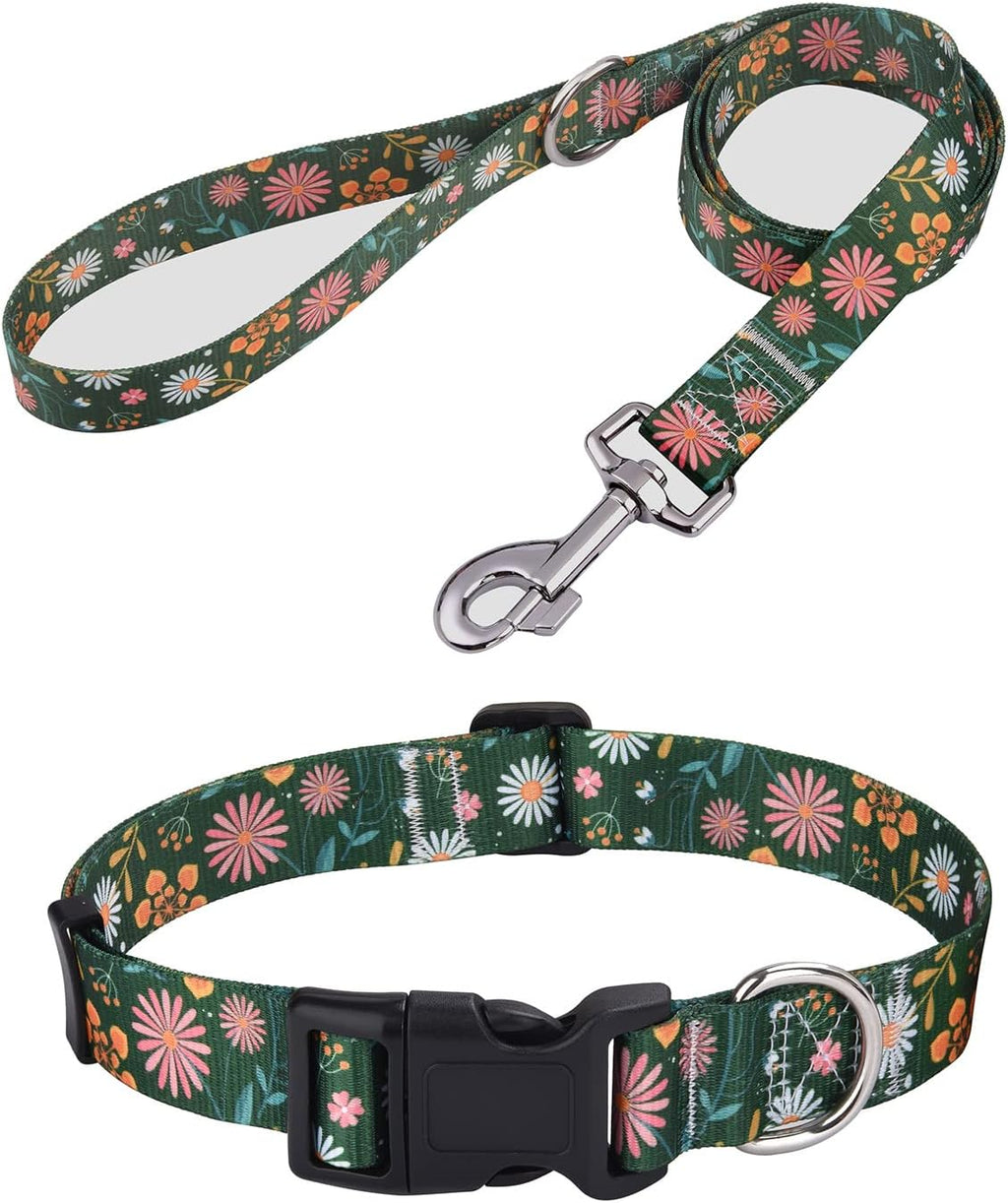 Dog Collar and Leash Set, for Small Dogs, Green Floral Set,S | with Floral Patterns, Adjustable for Small Medium Large Dogs, Comfortable for Walks and Outdoor Hikes
