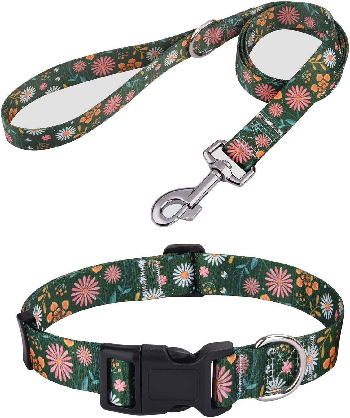 Dog Collar and Leash Set, for Small Dogs, Green Floral Set,S | with Floral Patterns, Adjustable for Small Medium Large Dogs, Comfortable for Walks and Outdoor Hikes