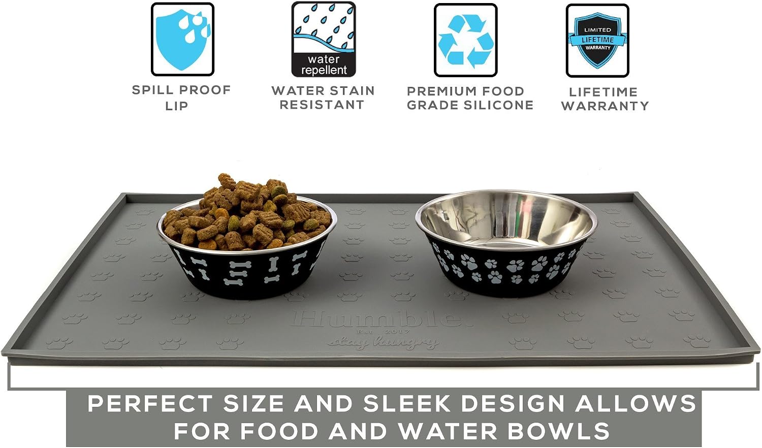 Food Mat Feeding Tray - Non-Slip, Anti-Spill, Raised Dog Food Mat, Easy Clean Waterproof - Premium Quality Silicone - Perfect for Dog Bowl Mat and Cat Feeding Mat Tray, 24" x 16" (Grey) - view 3