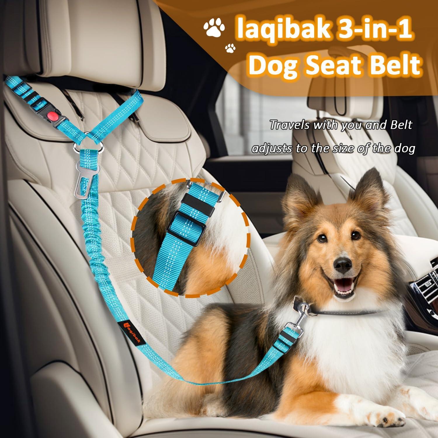 Removable Dog Seat Belt Harness for Car, 3 in 1 Pet Dog Car Seatbelt Leash, Retractable Restraint Secures to Vehicle Headrest & Adjustable Reflective Bungee Dog Seatbelt Tether, Blue and Black | Retractable Headrest-Mounted,Restraint & Adjustable Reflecti - view 4