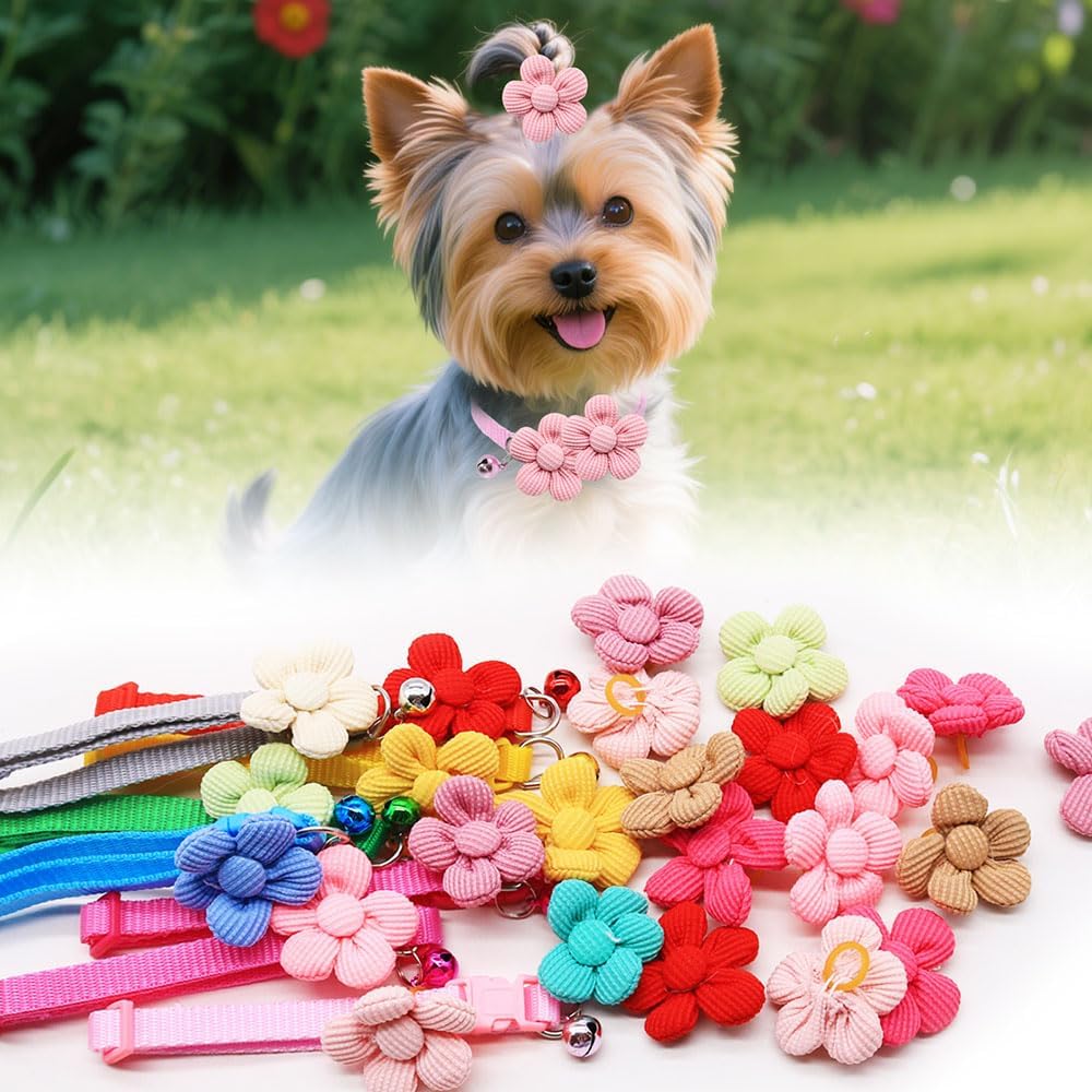 36pcs floral pet collar & hair bows, grooming accessories for puppies & cats | 36pcs floral pet set; 24 hair bows & 12 adjustable bell collars, multi-color for kittens & tiny pets all occasions - view 3
