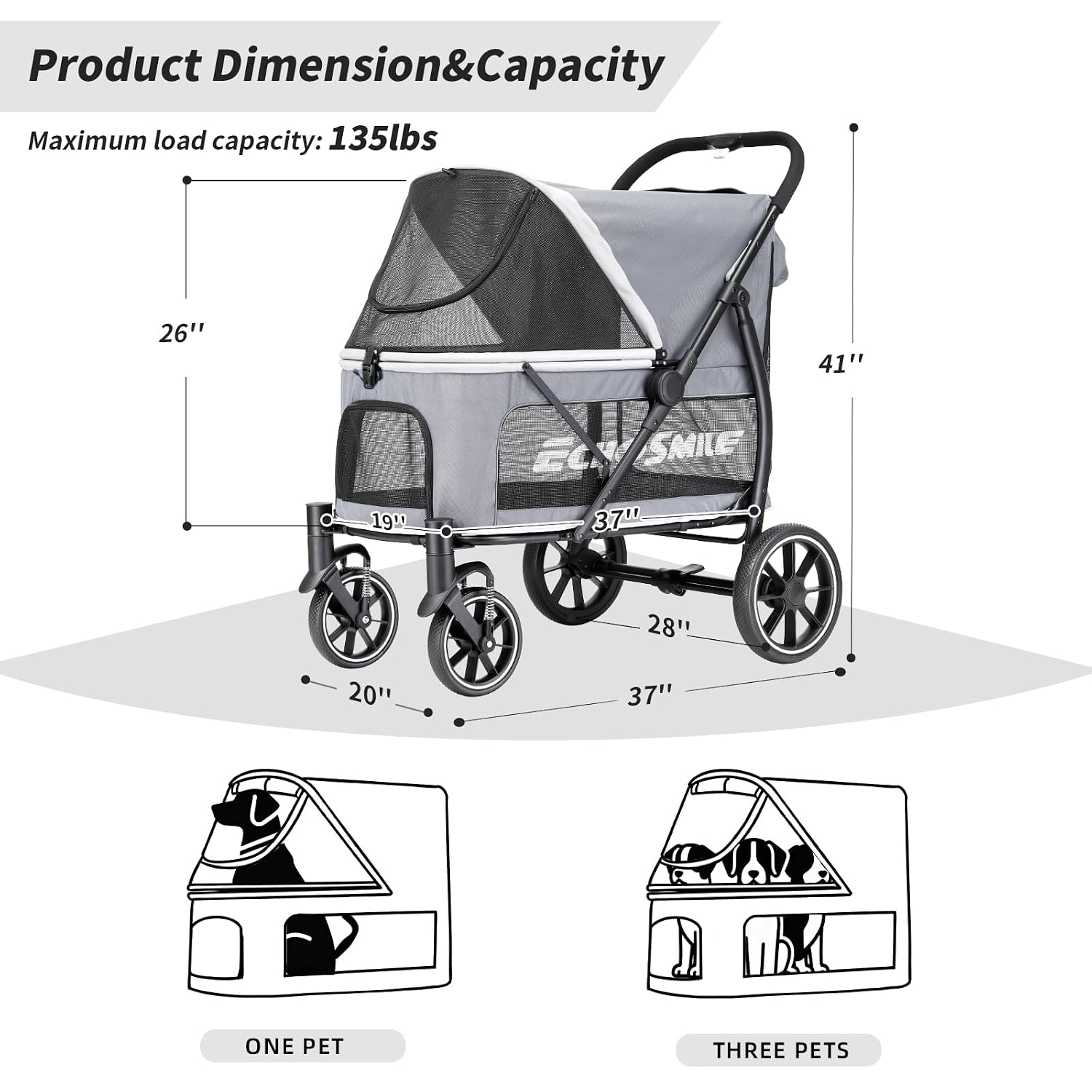 Dog Stroller for Large Dogs, 135lbs Weight Extra Large Pet Stroller, 4 Wheels Cats & Dogs Carrier with Brakes, Breathable Mesh Windows & Pocket, Gray - view 2