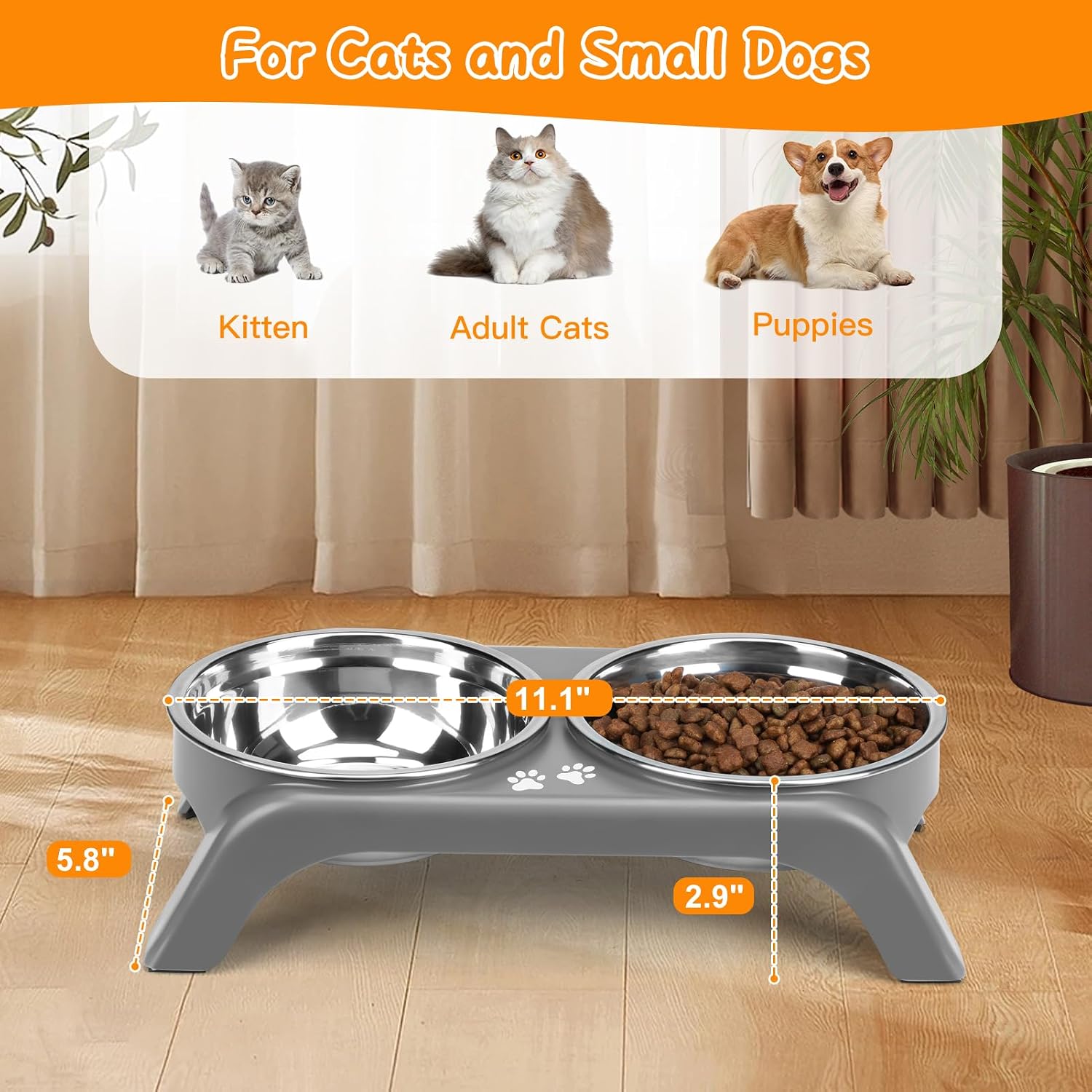 Elevated dog bowls for small dogs, 3" high raised dog bowl stand with dual 5" stainless steel bowls non-slip pet feeder for puppy and cats, dishwasher safe, grey - view 4